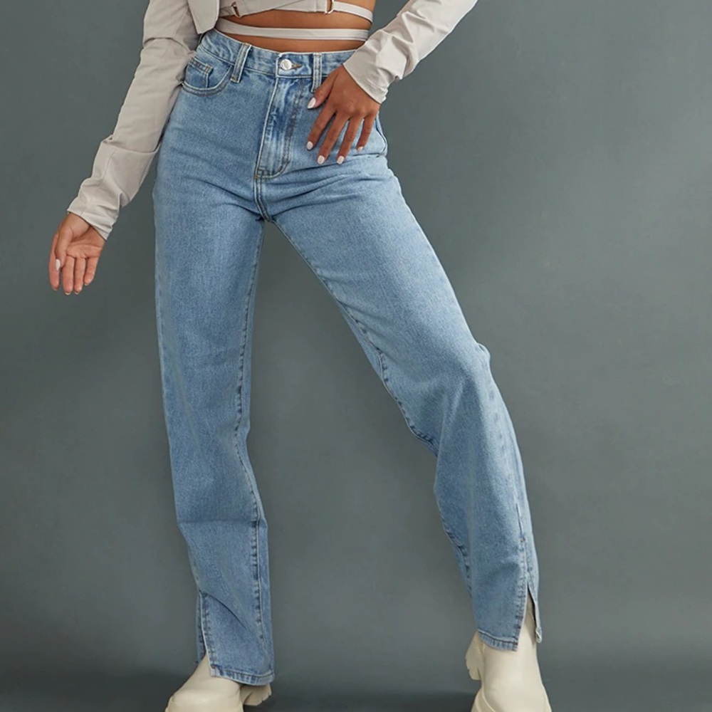 plt  light wash split hem jeans